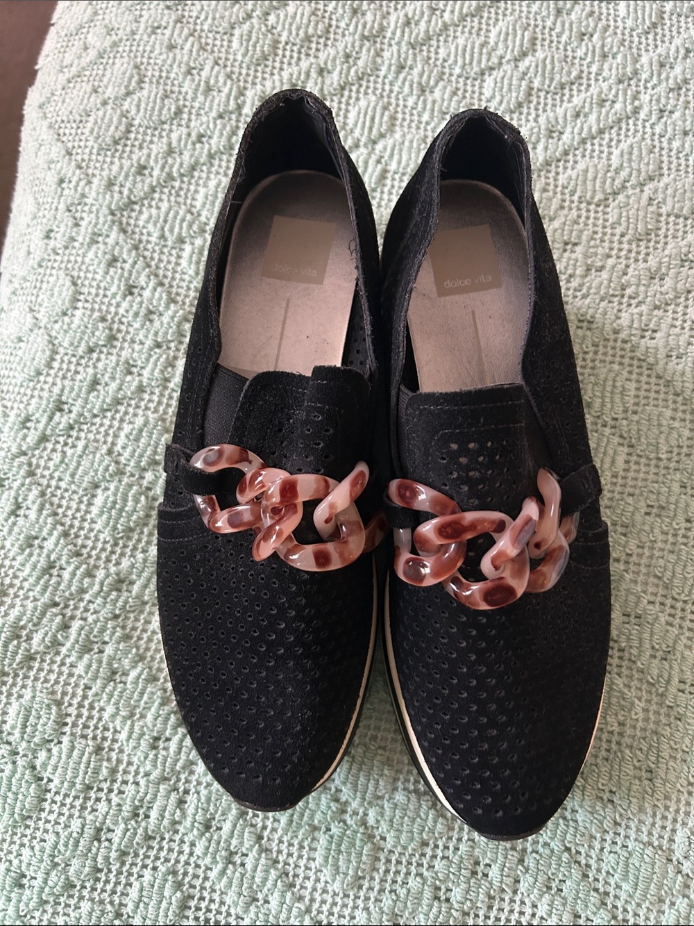 Dolce Vita Black Perforated Loafers with Tortoiseshell-Link Chain